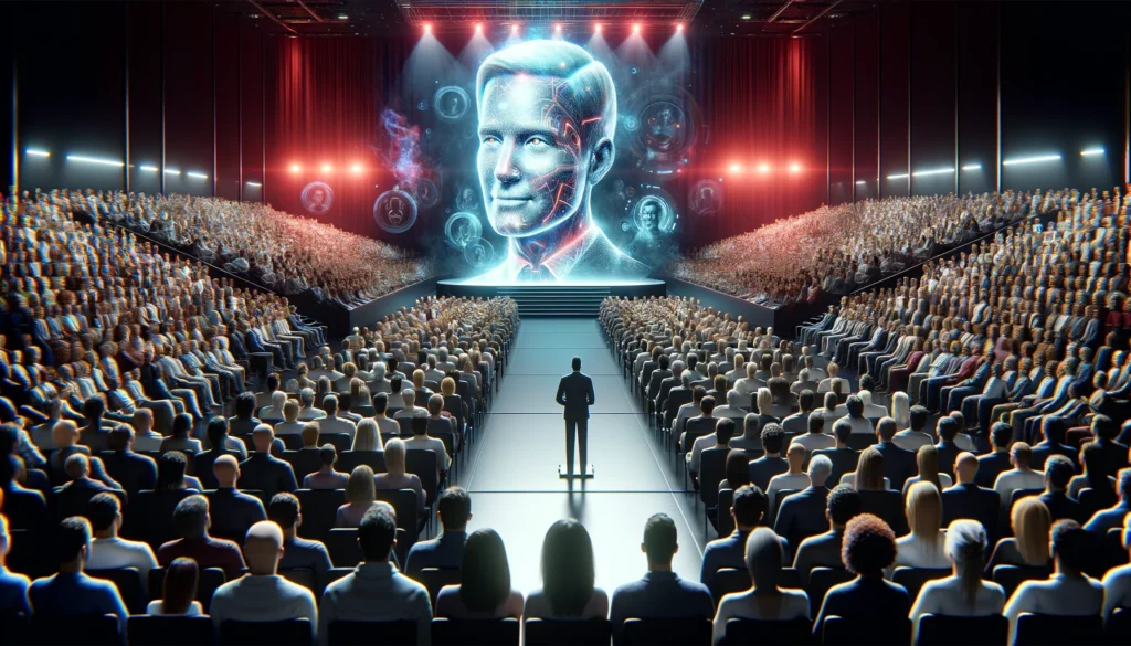 DALL·E 2024 05 13 11.45.28 In a large futuristic auditorium filled with an eager audience an AI avatar of a deceased charismatic leader stands on a digital stage. The avatar i