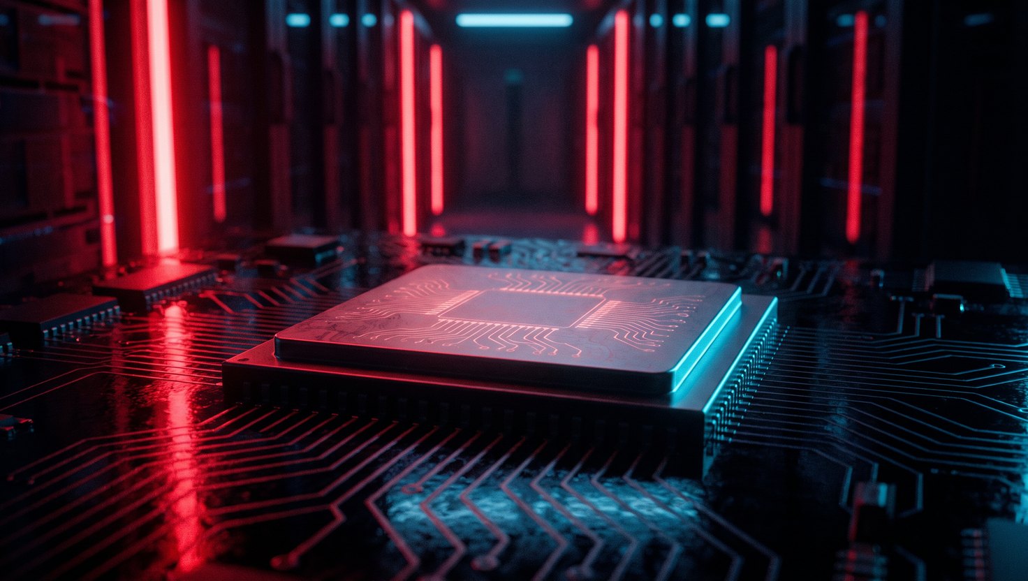 A silicon processor chip on a black circuit board lit by red and cyan neon light, with a corridor of server racks behind it.