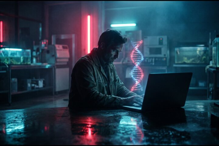 A scientist types on a laptop in a dark lab as a glowing red and blue DNA double helix floats above the screen