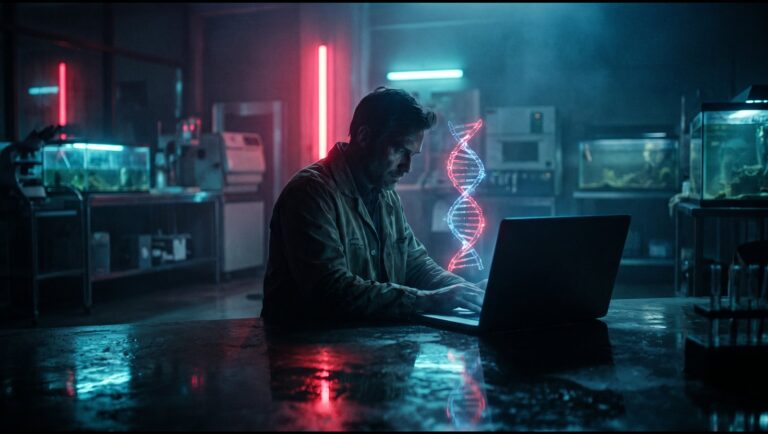 A scientist types on a laptop in a dark lab as a glowing red and blue DNA double helix floats above the screen