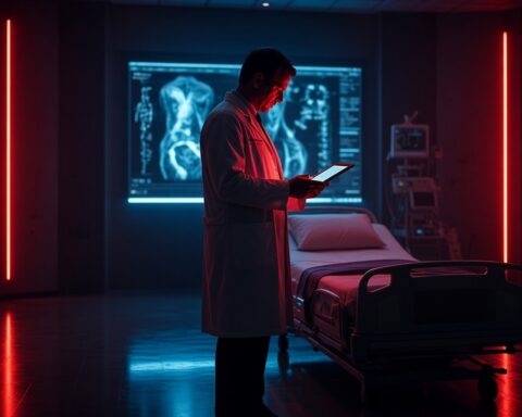 A doctor studies a tablet beside a hospital bed, with a glowing medical scan on the wall behind him