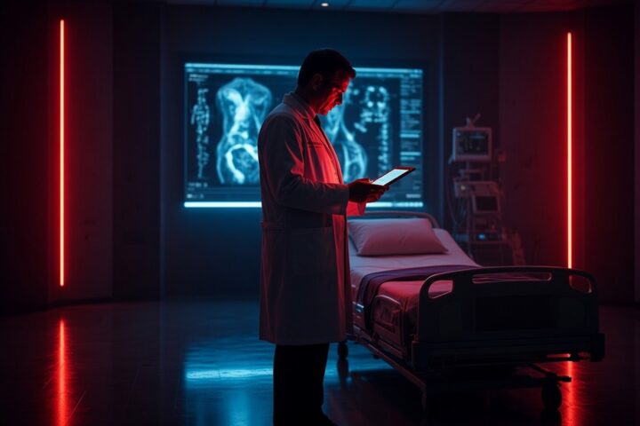 A doctor studies a tablet beside a hospital bed, with a glowing medical scan on the wall behind him