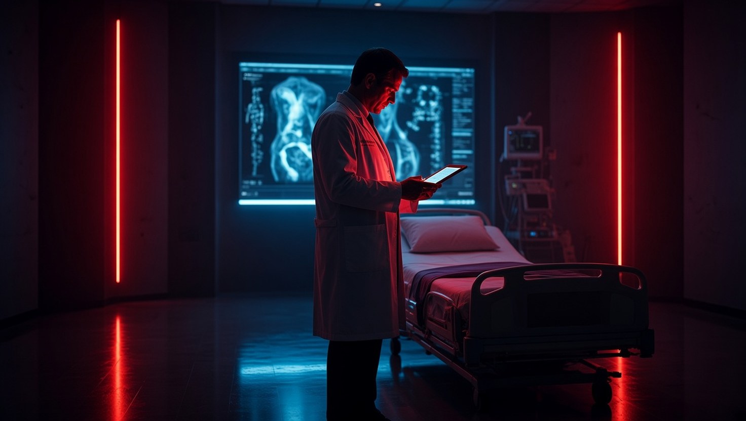 A doctor studies a tablet beside a hospital bed, with a glowing medical scan on the wall behind him