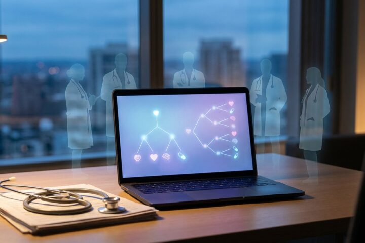 Laptop showing a branching diagnosis tree on a doctor's desk, with faint holographic clinicians standing around it