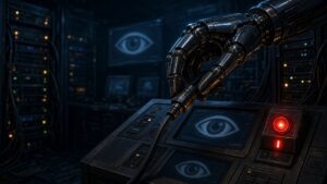 Robotic hand unplugging a cable from a security monitoring console