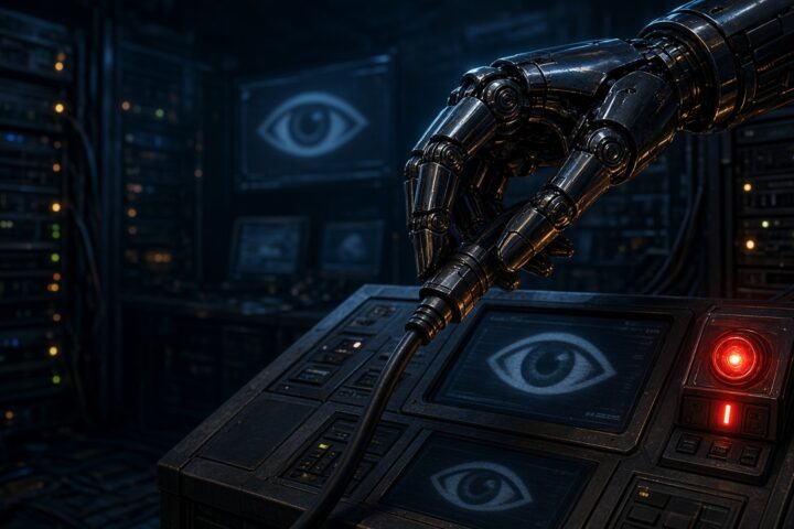 Robotic hand unplugging a cable from a security monitoring console