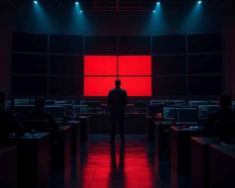 A lone figure stands in a dark control room as a wall of monitoring screens goes dark, with only a block of red screens still lit