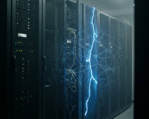 Server racks in a dark data centre with a glowing crack of blue light and a neural network pattern across one rack