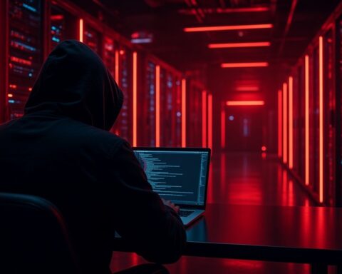 A hooded hacker works on a laptop full of code in a red-lit server corridor