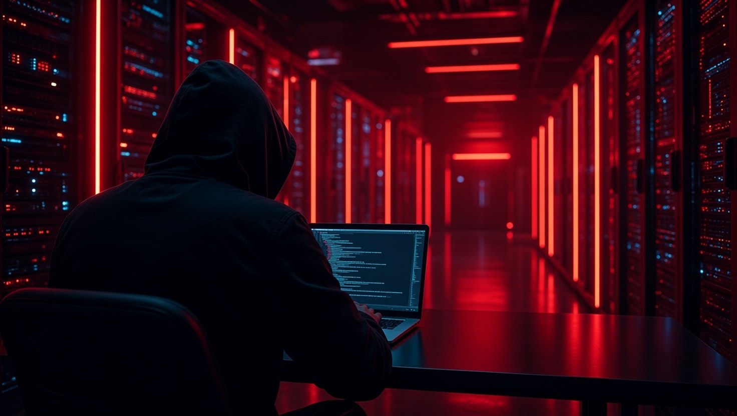 A hooded hacker works on a laptop full of code in a red-lit server corridor